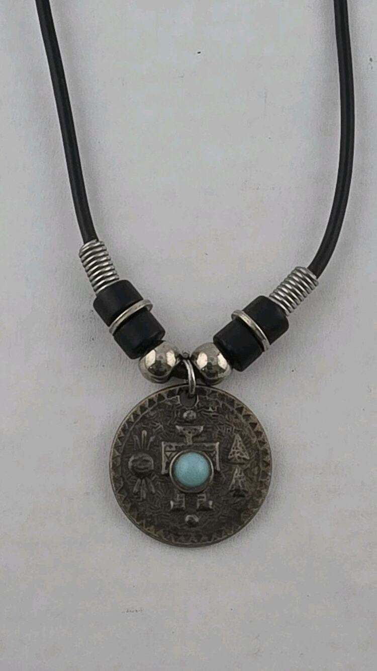 Vintage Silver Kachina Aztec Pendant Turquoise Center 16" Leather Necklace